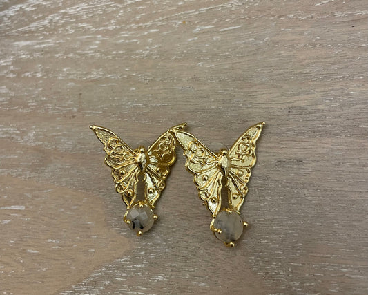 Aretes Mariposa Dorada con Cuarzo Rutilado